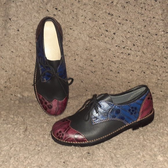 BILTRITE-Blue/Purple Leather-Floral Pattern-Wingtip Oxfords-Sz 6-NWOB - Picture 1 of 7